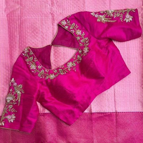 Dm@9640490158 Designer maggam work blouse Fabric: Halfpattu/Rawsilk Dispatch: 3days Price : 2300unstiched . 2850stitched Colours and sizes can be customised accordingly Pink Blouse Design, Zardosi Blouse, Embroidery Blouse Saree, Zardosi Work Blouse, Hand Embroidery Blouse, Pink Blouse Designs, Ready Made Blouse, Maggam Blouse, Hand Embroidered Blouse