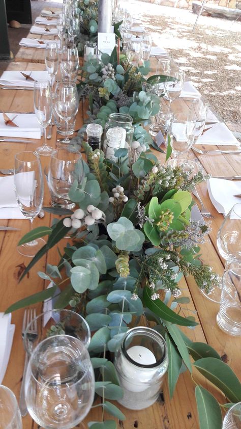 Fynbos is perfect for a rustic themed wedding reception. We created these beautiful table runners for Nikki’s wedding. This is a great example of how simple flower decor can have a big impact and bring a theme to life. Themed Wedding Reception, Protea Wedding, Bush Wedding, Wedding Collage, Green Wedding Flowers, Tafel Decor, White Bridal Shower, Rustic Wedding Table, Sage Green Wedding