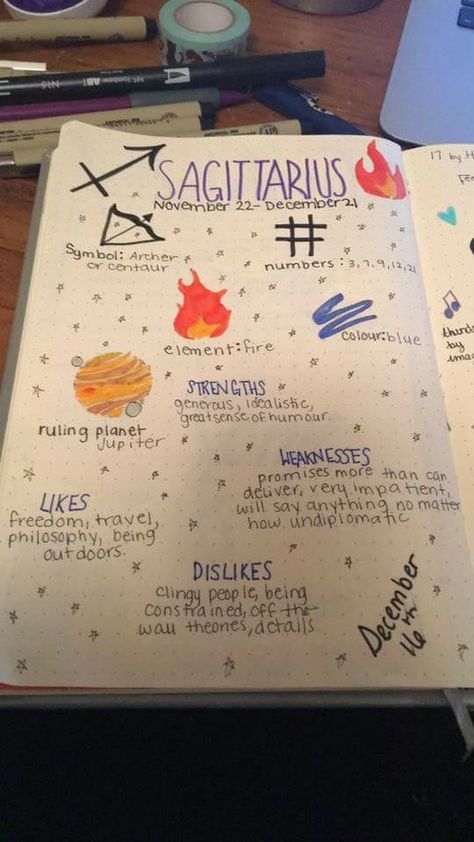 Sagittarius Journal Page, Sagittarius Journal, Bullet Journal Birthday Tracker, Astrology Journal, Witchy Journal, Wiccan Books, Tarot Interpretation, Astrology Meaning, Birthday Tracker