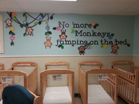 More monkeys Daycare Sleeping Area Infant Room, Childcare Nursery Room Ideas Infant Classroom, Infant Daycare Room Ideas Classroom, Animal Theme Daycare Room, Preschool Nursery Room, Infant Room Class Theme, Infant Classroom Ideas Decor, Infant Classroom Wall Decor, Infant Wall Decor Daycare