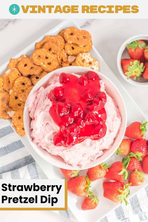 Get ready to be smitten by this scrumptious Strawberry Pretzel Dip, a delightful fusion of sweet and salty flavors that will leave your taste buds dancing! This delectably creamy dip combines cream cheese, fluffy whipped topping, strawberry pie filling, powdered sugar, and salty pretzels for an irresistible snack. Get the easy recipe and find out how to make the best strawberry pretzel dip for parties, game nights, or as a unique dessert. Strawberry Pretzel Salad Dip, Strawberry Pretzel Dip, Dip For Pretzels Easy, Pretzel Dip Recipes, Dip For Parties, Salty Pretzels, Dessert Fondue, Strawberry Fluff, Cracker Dip