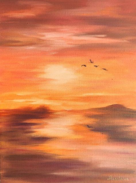 Orange Landscape Painting, Warm Color Painting, Sunset Art Aesthetic, Orange Painting Ideas, Orange Sky Painting, Studio Interior Design Ideas, Face Canvas Painting, Art Studio Interior Design, Art Studio Interior