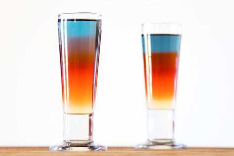 It's a Bird, It's a Plane, It's a... Superman Shot Fun Vodka Shots, Superman Drink, Shots With Vanilla Vodka, Superman Shot, Two Shots Of Vodka, Blue Curacao Shots, Layered Shots, Horror Wedding, Layered Cocktails