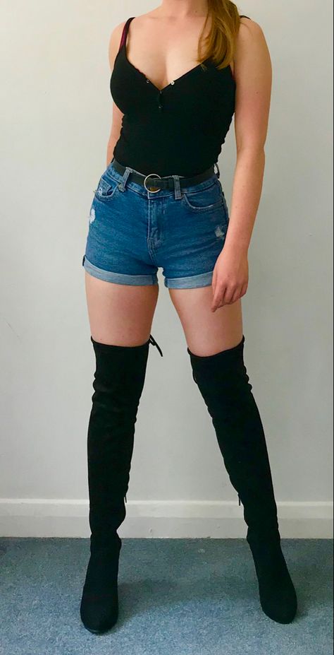 Bodysuit and denim shorts dressed up with sexy over-the-knee boots. #overthekneeboots #denim #style #womensfashionoutfits Shorts With Over The Knee Boots, Boots And Shorts, Denim Short Dresses, Denim Style, Body Suit, Over The Knee Boots, Over The Knee, Over Knee Boot, Knee Boots