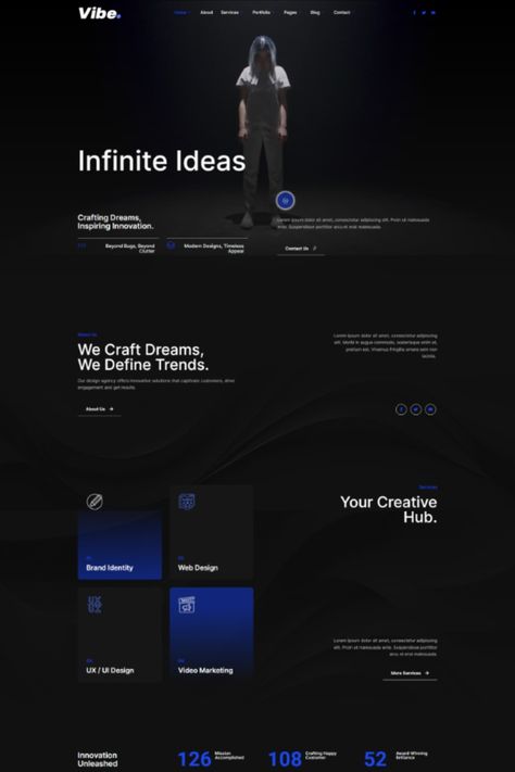 Vibe – Dark style and modern Elementor Template Kit created especially for Digital Agency, Creative Agency, Online Portfolio, Designer and Freelancer website for companies or individuals. Vibe has a beautiful and unique design with a 100% responsive layout, retina-ready, and very easy to customize because using Elementor Web Design Portfolio Website Layout, Dark Website Design, Portfolio Website Design Inspiration, Creative Website Design Inspiration, Agency Web Design, Web Design Ux Ui, Ui Website, Website Design Inspiration Layout, Agency Portfolio