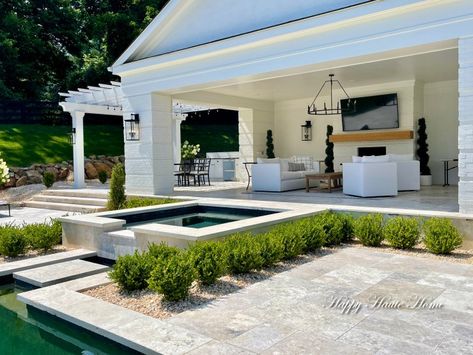 Pool Right Off Back Porch, Timeless Backyard Design, Hampton Style Backyard, Pool Attached To House, Cottage Backyard With Pool, Backyard With Pool Ideas Landscapes, Big Yard With Pool, Outdoor Patio With Pool, French Country Pool Outdoor Living