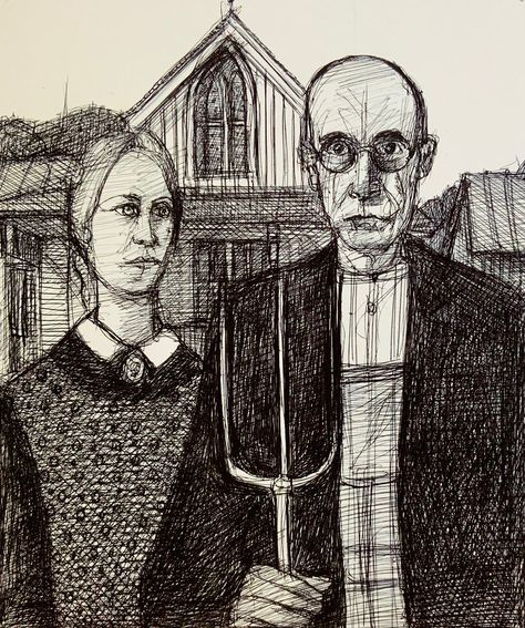 My study version of “American Gothic “, a painting by the American Artist Grant Wood, 1891-1942. Ballpoint pen only drawing by jmsw on thick card last stage. American Gothic Art Lesson, American Gothic Grant Wood, Old Gothic Paintings, Grant Wood Paintings, Gothic Portrait Painting, American Gothic Painting, Grant Wood American Gothic, Victorian Goth Paintings, Artist Grants