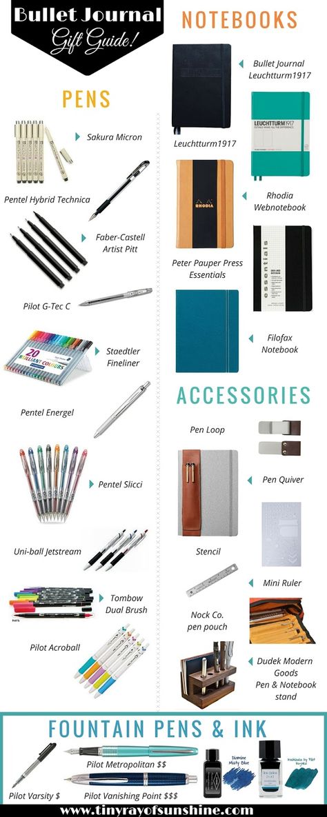 Tiny Ray of Sunshine: Bullet Journal Gift Guide! #BulletJournal Planning School, How To Bullet Journal, Bullet Journal Planner, Bujo Planner, Ray Of Sunshine, Pens And Pencils, Bujo Inspiration, Bullet Journal Inspo, Journal Layout