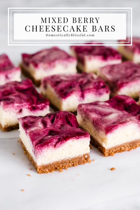 Mixed Berry Cheesecake Bars - Domestically Blissful Berry Swirl Cheesecake Bites, Berry Cheesecake Bars, Mixed Berry Cheesecake, Mixed Berry Dessert, Domestically Blissful, Berry Recipes, Fruit Fresh, July Recipes, Cheesecake Bar Recipes