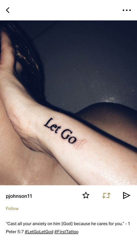 God Is Good All The Time Tattoo, Christian Finger Tattoos For Women, But God Tattoos For Women, Mini Tattoos Christian, Mark 10:9 Tattoo, 1 Peter 5:7 Tattoo, Jeremiah 29 11 Tattoo Ideas, Let Go And Let God Tattoo, Let God Tattoo