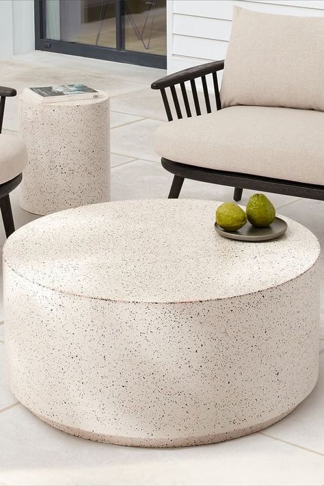 Round Coffee Table White, Terrazzo Coffee Table, White Round Coffee Table, West Elm Coffee Table, Spanish Home Decor, Modern Outdoor Sofas, Coffee Table Round, White Terrazzo, Concrete Coffee Table