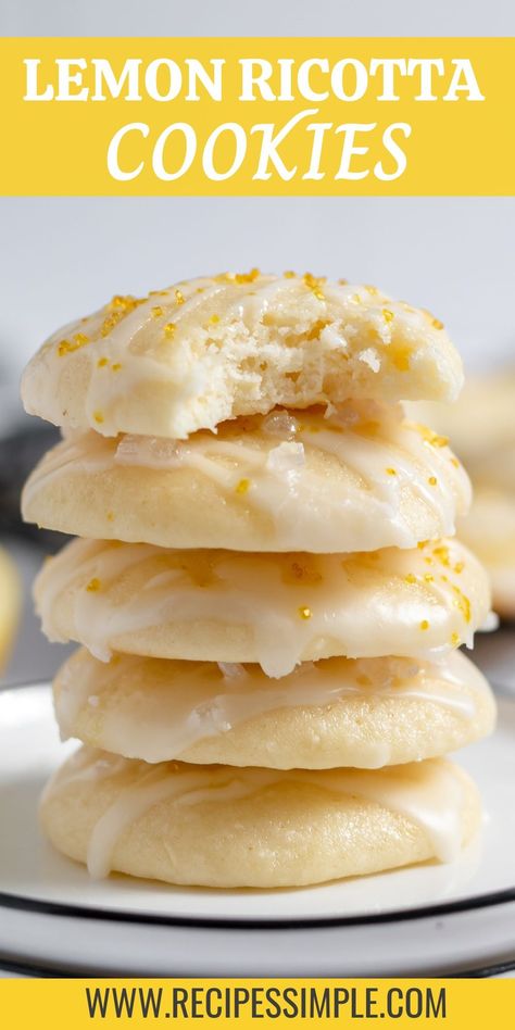 These Lemon Ricotta Cookies are soft and moist with a tangy lemon glaze. The ricotta cheese brings a creamy richness to each bite, so these cookies practically melt in your mouth. Easy cookie recipe for any occasion! Pumpkin Ricotta Cookies, Orange Chocolate Chip Ricotta Cookies, Ricotta Cheese Cookies Recipes, Lemon Ricotta Cookies With Lemon Glaze, Ricotta Cookie Recipes, Ricotta Desserts, Ricotta Recipes Dessert, Ricotta Cheese Cookies, Ricotta Cookies Recipe