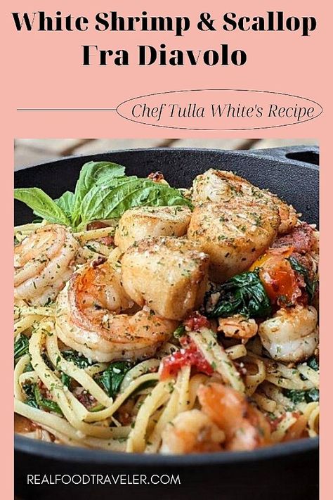 Here's the recipe for Chef Tulla White's Shrimp and Scallop Fra Diavolo recipe from LaGrange, GA. #Recipe #SeafoodRecipe #Shrimp #Scallops #FraDiavolo #SpicyFood #ShrimpRecipe #ScallopRecipe #Food #Travel #FoodAndTravel #LaGrangeGA #Georgia Fra Diavolo Recipe, Holiday Seafood Recipes, Seafood Boil Recipes, How To Peel Tomatoes, Scallop Recipes, Famous Recipe, Culinary Travel, Main Course Recipes, Shrimp Recipes