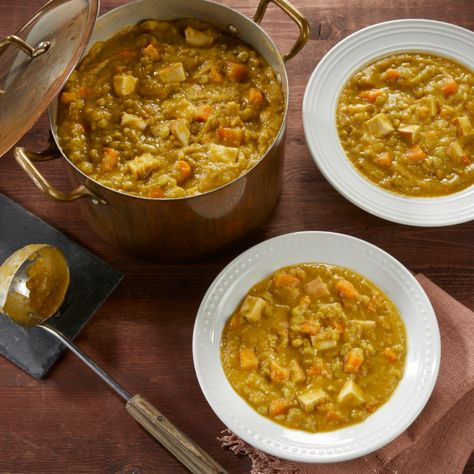 Smoked Tofu Split Pea Soup | Soya & Tofu Recipes | Sunrise Soya Vegan Split Pea, Vegetarian Split Pea Soup, Vegan Split Pea Soup, Yellow Split Pea Soup, Smoked Tofu, Green Split Peas, Split Pea Soup, Pea Soup, Split Pea