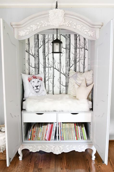 DIY Narnia Wardrobe Reading Nook - Bless'er House Narnia Wardrobe, Playroom Makeover, Armoire Makeover, Thrifted Home Decor, Farmhouse Side Table, Reading Corner, Repurposed Furniture, Pallet Furniture, Reading Nook