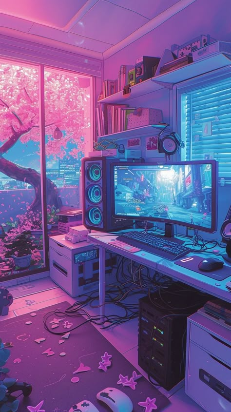 Vaporwave Gaming Setup, Gaming Room Wallpaper, Synthwave Room, Cyberpunk Home, Vaporwave Room, Cyberpunk Room, Synthwave Aesthetic, Lofi Aesthetic, Gaming Rooms