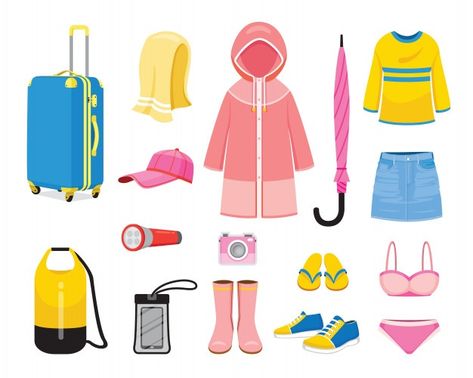 Clothes and necessities for rainy season... | Premium Vector #Freepik #vector #camera #cartoon #shirt #bag Rainy Clothes, Rainy Season Clothes, Rainy Day Clothes, Rainy Season Outfit, Clothes Clipart, Mothers Day Text, Vector Clothes, Travel Vector, Camera Cartoon