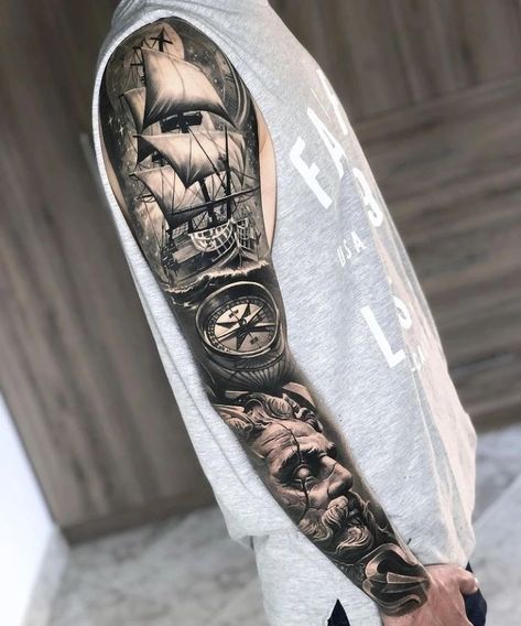 Pirate Tattoo Sleeve, Sea Tattoo Sleeve, Ship Tattoo Sleeves, Nautical Sleeve, Pirate Ship Tattoos, Nautical Tattoo Sleeve, Navy Tattoos, Poseidon Tattoo, Super Tattoo