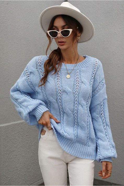 Light Blue Knit Sweater Outfits, What To Wear With Blue Jeans, Sky Blue Sweater Outfit, Baby Blue Outfits For Women, Baby Blue Sweater Outfit, Women Blue Outfit, Light Blue Top Outfit, Light Blue Sweater Outfit, Light Blue Outfits