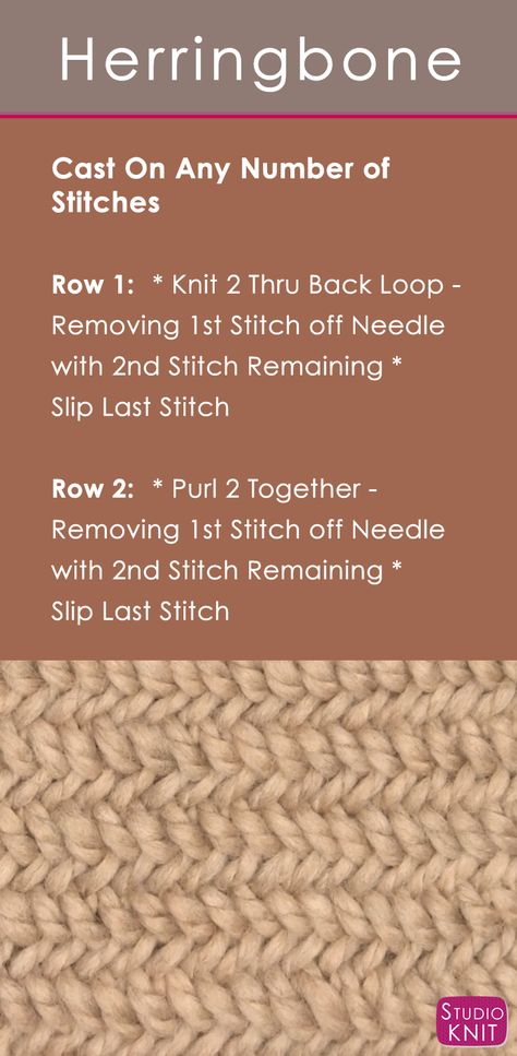 Herringbone Stitch Knitting, Studio Knit, Herringbone Stitch, Knitting Instructions, How To Purl Knit, How To Knit, Crochet Design, Knit Stitch Patterns, Knitting Tutorial