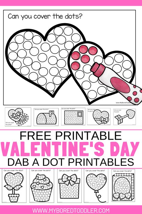 FREE Printable Valentine's Day Dab a Dot sheets for toddlers and preschoolers. A fun fine motor Valentine's Day activity idea. Valentines Day Crafts For Preschoolers, Preschool Valentines Activities, Valentine Worksheets, Preschool Valentine Crafts, Toddler Valentine Crafts, Kindergarten Valentines, February Crafts, Valentine's Day Crafts For Kids, Preschool Valentines