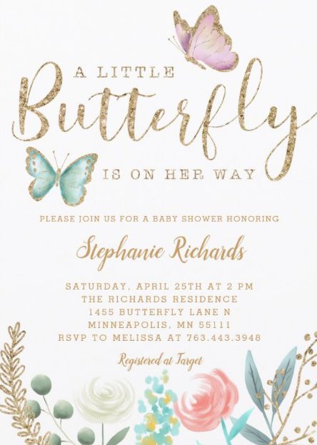 Sweet girl baby shower invitations featuring a pink and mint butterfly with faux gold embellishments. Cute girl baby shower invites with butterfly theme. afflink Birthday Tem, Pink Purple Butterfly, Summer Baby Shower Invitations, Butterfly Baby Shower Invitations, Girl Baby Shower Ideas, Butterfly Invitations, Butterfly Birthday Party, Gender Reveal Party Ideas, Reveal Party Ideas