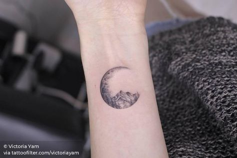 Crescent Moon Mountain Tattoo, Mountain Tattoo With Moon, Mountain And Moon Tattoo, Moon Dotwork, Logan Tattoo, Small Nature Tattoo, Small Mountain Tattoo, Wrist Tatoo, Half Moon Tattoo