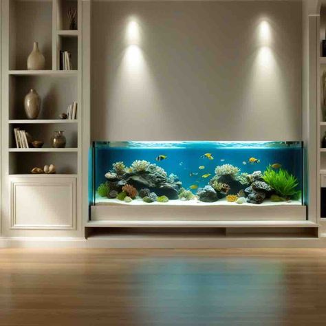 Fish Aquarium Ideas For Living Room, Aquarium Under Tv, Big Aquarium Living Rooms, Apartment Decorating Hacks, Big Aquarium, Wall Aquarium, Fish Tank Stand, Under Tv, Feature Wall Bedroom