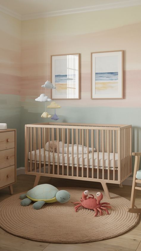 Create a serene beach-themed nursery with sandy tones, wave art, and coastal accents. Perfect for designing a peaceful baby room with ocean vibes. Subtle Ocean Theme Nursery, Nursery Room Inspiration Ocean, Gender Neutral Beach Nursery, Gender Neutral Ocean Themed Nursery, Palm Springs Nursery, Boho Beach Nursery Girl, Ocean Themed Nursery Girl, Beach Theme Nursery Girl, Baby Girl Ocean Theme Nursery