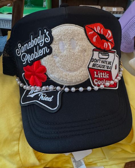 #mamatrucker #truckerhats #truckerstyle #hatbar #patches #patchescustom #style #smalltown #smalltownusa #smallbusinessowner #hats #caps #hatchain #accessories #shopsmall #smallbusiness #shoplocal #homegrown #womanowned #hatbar #truckerhatbar #truckerhatinspo Designer Trucker Hat, Diy Trucker Hat With Patches, Hat Patch Ideas, Trucker Hat Ideas, Hat Business, Hat Birthday, Upcycling Clothes, Hat Bar, Patch Ideas