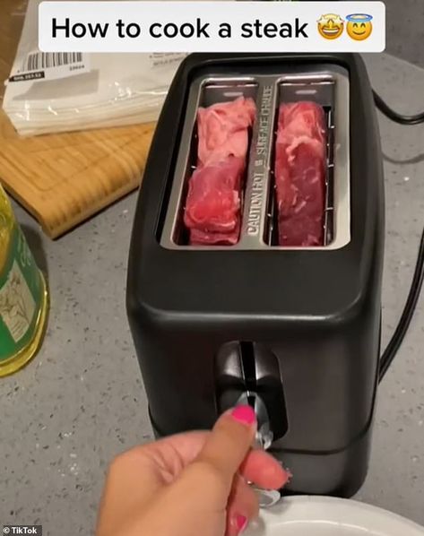 American woman cooks steak in a TOASTER in TikTok video | Daily Mail Online Raw Steak, Cooking Steak, Steak Sauce, How To Cook Steak, Tiktok Video, American Woman, Tongs, Daily Mail, My Boyfriend