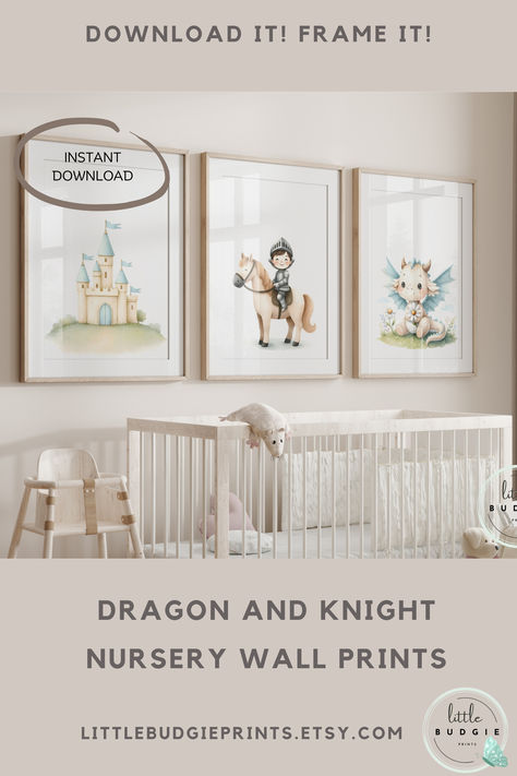 This set of 3 watercolor fantasy themed nursery prints, perfect for any little boy or baby room. These prints features an adorable cuddly dragon holding a daisy, and boy knight and his trusty steed and the castle to protect. Soft colors that will match any home decor style.
These are sure to bring happiness and playfulness to your little ones space. Blue Boys Room, Fantasy Nursery, Castle Nursery, Fantasy Room, Boys Room Blue, Castle Wall Art, Fantasy Watercolor, Dragon Nursery, Boy Nursery Themes