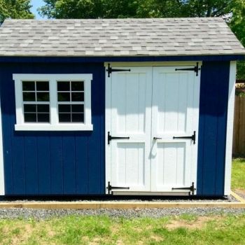 Navy Blue Shed White Trim, Blue Shed, Amish Sheds, Coastal Cabin, Navy Blue Paint, Amish Barns, Backyard Landscape, Barns Sheds, Backyard Shed