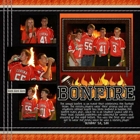 Layout: Bonfire Teen Scrapbook, Bonfire Ideas, Camping Scrapbook, Scrapbooking Sports, Travel Scrapbook Pages, Party Backyard, Scrapbooking Kids, High School Prom, Scrap Page