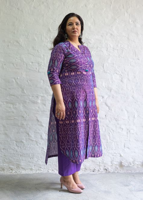 Grape Purple Mercerized Ikat Kurta Mom Reference, Plus Size Fashion For Women Indian, Cotton Dress Pattern, Churidar Neck, Curvy Women Dresses, Silk Kurti Designs, Stylish Tops For Women, Simple Kurti Designs, Tunic Designs