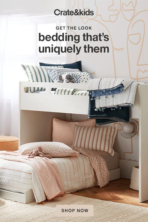 Layer on pops of pattern, trend-forward hues and cozy textures for a blissfully personal bed. Diy Daybeds, Cali House, Boy And Girl Shared Room, Childrens Bedding, Twin Room, Diy Daybed, Girls Room Design, Rebecca Atwood, Kids Sheets