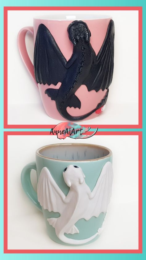 Black dragon Toothless and white dragon Fury on polymer clay mugs from Annealart Stitch Polymer Clay, Polymer Clay Mugs, Light Fury Dragon, Toothless And Light Fury, Polymer Clay Mug, Dragon Toothless, Toothless Night Fury, Dragon Mug, Night Fury Dragon