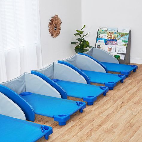 Amazon.com: ECR4Kids Stackable Kiddie Cot, Toddler Size, Classroom Furniture, Blue, 6-Pack : Office Products Toddler Daycare Rooms, Child Care Center Design, Daycare Room Design, Daycare Room Ideas, Daycare Cots, Daycare Setup, Daycare Business Plan, Daycare Furniture, Childcare Rooms