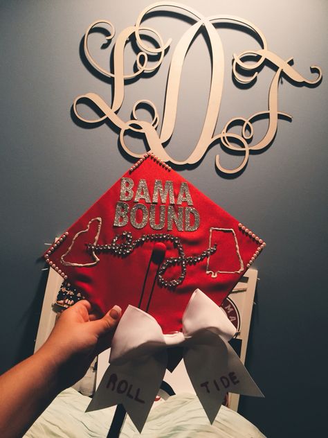 bama bound! Bama Bound Outfit, Bama Bound Graduation Party, Bama Bed Party, Alabama Graduation Pictures, Alabama Grad Cap, University Of Alabama Graduation, Bedazzled Graduation Cap, Alabama Hat, High School Graduation Cap