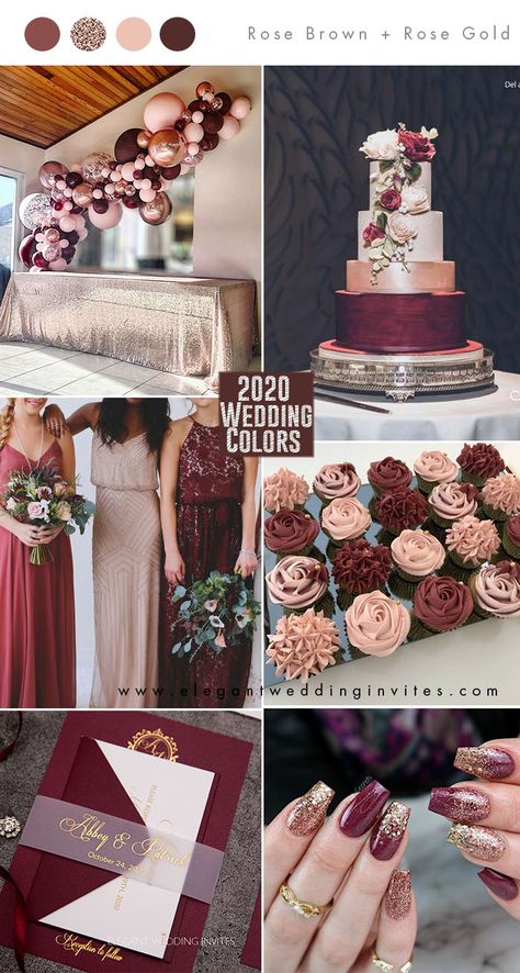 pantone rose brown, burgundy and rose gold wedding color ideas for 2020 Gold And Burgundy Wedding, Gold Wedding Colors, Wedding Themes Summer, Wedding Color Trends, Wedding Color Palettes, Wedding Themes Fall, November Wedding, Wedding Palette, Wedding Theme Colors