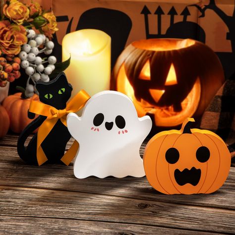 PRICES MAY VARY. Super Cute Halloween Decorations - The package comes with 3 styles pieces of wooden Halloween tiered tray decorations, pumpkin signs, ghost wooden blocks, and a wood black cat sign, bringing you a simple, classic, but not exaggerated feeling. Wonderful Size for Tiered Tray - Our cute Halloween signs' are vary in size, the length and width are approximately 4", 5". It is very suitable for decorating your tiered tray, table center, shelf, office, and anywhere you want to decorate. Pumpkin Signs, Wooden Halloween Decorations, Tiered Tray Decorations, Fall Pumpkin Sign, Shelf Office, Cat Sign, Cute Halloween Decorations, Wooden Pumpkins, Pumpkin Sign