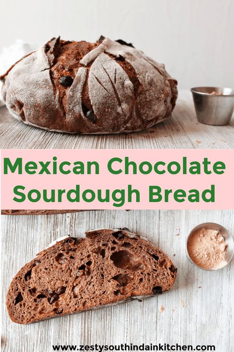 Mexican chocolate sourdough bread  made with  cocoa powder, Mexican chocolate, and raisin as an excellent breakfast toast.. Chocolate Sourdough Bread, Chocolate Sourdough, South Indian Kitchen, Spicy Hot Chocolate, Mexican Sweet Breads, Sourdough Recipe, Mexican Bread, Gluten Free Sourdough, Mexican Dessert Recipes