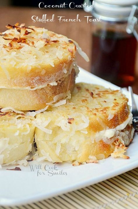 Coconut Crusted Stuffed French Toast | willcookforsmiles.com Sweet French Toast Recipe, French Toast Ideas, Delicious French Toast Recipe, Awesome French Toast Recipe, Sweet French Toast, Coconut French Toast, Breakfast French Toast, French Toast Recipes, Delicious French Toast