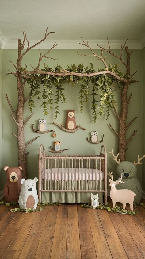 Create a charming woodland nursery with these 30 whimsical decor ideas perfect for nature-loving parents. From adorable animal motifs to lush greenery accents, learn how to transform your nursery into a serene forest escape. Explore various themes like rustic woodland, modern forest, and magical woodland creatures to design a cozy, nurturing environment for your little one. Zen Nursery Ideas, Greenery Nursery, Enchanted Forest Nursery Theme, Modern Woodland Nursery, Forest Nursery Theme, Enchanted Forest Nursery, Woodland Creatures Nursery, Girl Nursery Themes, Forest Nursery