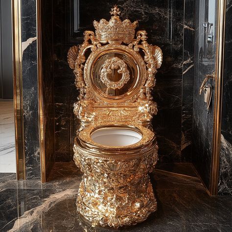 Transform your bathroom into a palace with the Luxury Throne Gold Toilet. This exquisite piece is designed to be the ultimate statement of opulence, featuring a regal gold finish that radiates wealth and sophistication. Every detail of this toilet, from its majestic contours to its gleaming surfaces, is crafted to evoke the grandeur of a royal throne. Conceptual AI Art Follow @ecosapiens for more! Lynnwood Hall, Toilet Closet, Gold Toilet, Royal Throne, Luxury Toilet, Bedroom Trends, Dream Life House, Bathroom Furnishings, Versace Gold