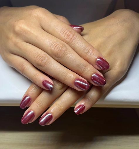 Cherry chrome🍒 --- #cherrychromenails #redcherrynails Wine Red With Chrome Nails, Cherry Mocha Nails With Chrome, Dnd Cherry Mocha Chrome, Chrome Cherry Mocha Nails, Purplish Red Nails, Dark Red With Chrome Nails, Cherry Chrome Nails Designs, Red Christmas Chrome Nails, Black Cherry Chrome Nails