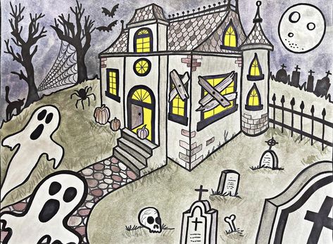 Haunted House Drawing, Two Point Perspective, Middle School Art Projects, Halloween Haunted House, Black And White Picture Wall, Point Perspective, School Art Projects, Halloween Haunted Houses, House Drawing