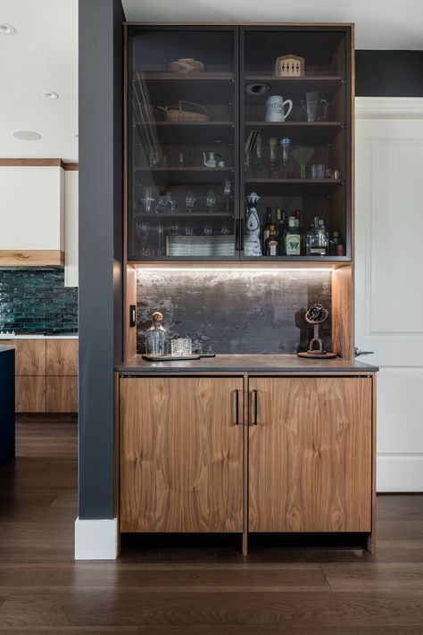 23+ Kitchen Coffee Bar Ideas ( STYLISH ) - Coffee Stations Coffee Bar Green, Coffee Corner Kitchen, Built In Coffee Bar, Kitchen Coffee Bar Ideas, Glass Upper Cabinets, Gray Shaker Cabinets, Kitchen Coffee Bar, Black Painted Walls, Coffee Station Kitchen