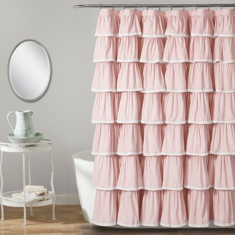 This shower curtain features layers of ruffles each with lace trim covering the length of the shower curtain. You will not find a lovelier shower curtain. It is so versatile you can use it for your master bathroom guest bathroom or child's bathroom. Color: Blush. Gender: Unisex. Pattern: Solid.. 72"x72" Ruffle Shower Curtain Blush - Lush Decor #Home #Bath #ShowerCurtains #ShowerCurtain Ruffle Shower Curtain, Ruffle Shower Curtains, Dorm Bathroom, French Country Bathroom, Kids Shower Curtain, Shower Curtain Sizes, Lush Decor, Shabby Chic Bathroom, Grey Curtains