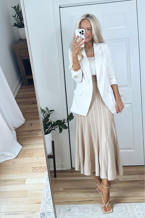 One Button Cinched Boyfriend Blazer curated on LTK White Dress Office Outfit, White Blazer With Dress, Blazer Outfit Skirt, Ivory Blazer Outfit, White Blazer Outfit Work, Blazer And Skirt Outfits, Skirt Outfit Inspiration, Blazer Off White, White Blazer Outfits